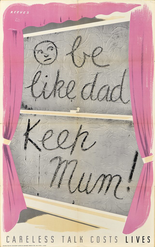 A lithographic poster of a window with the words "be like dad keep mum" drawn onto the frosted glass.
