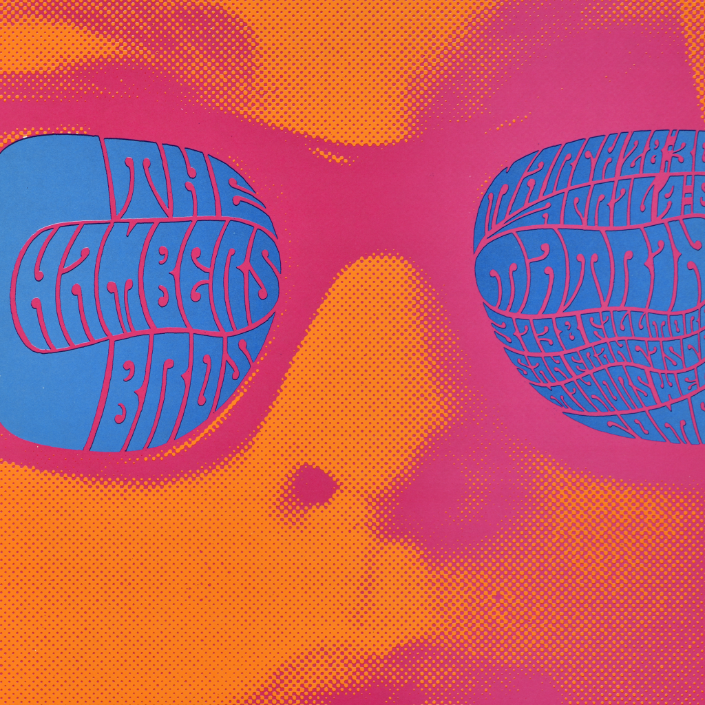 A poster of a woman wearing sunglasses with psychedelic lettering in the lenses.