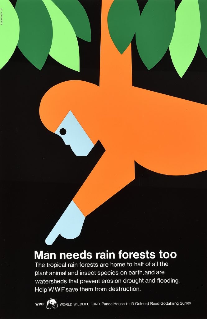 Poster of a monkey pointing to a list of benefits about rainforests.