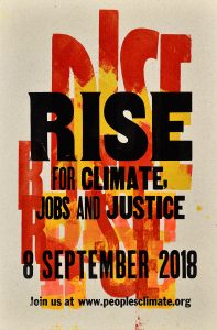 A letterpress poster of the word "rise" in various flame colors.
