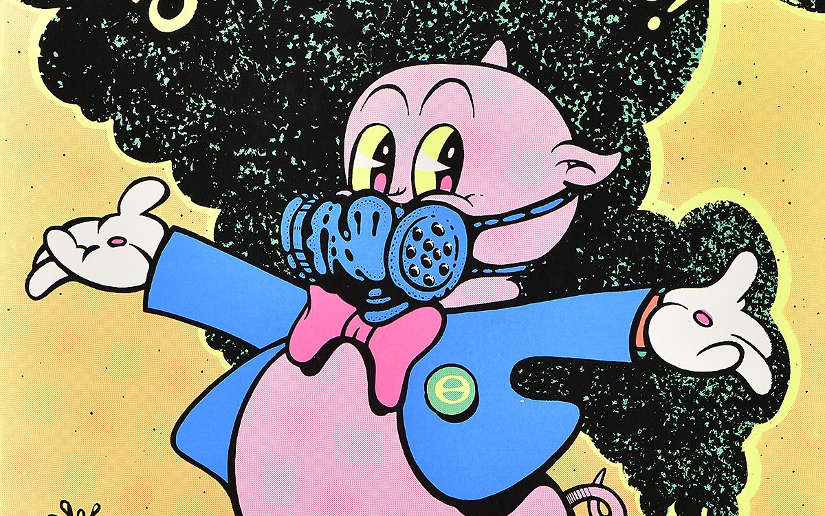 poster of porky pig wearing a gas mask.