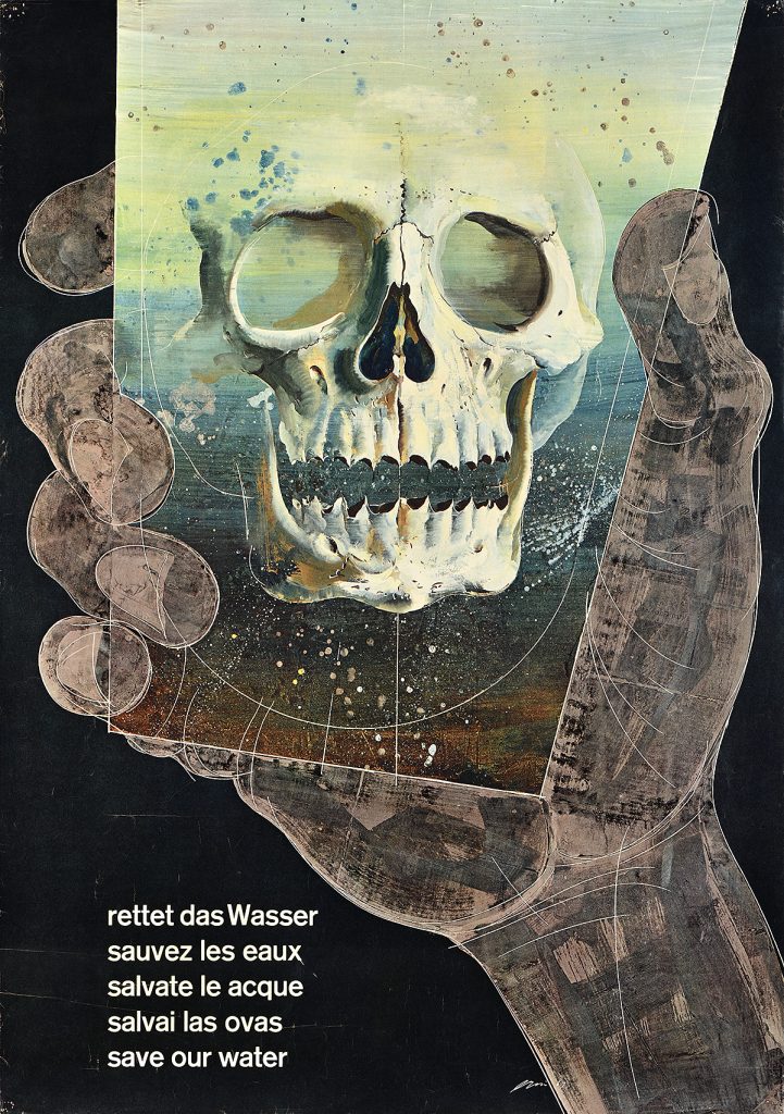 A poster of a skull in a water glass being held by a hand.