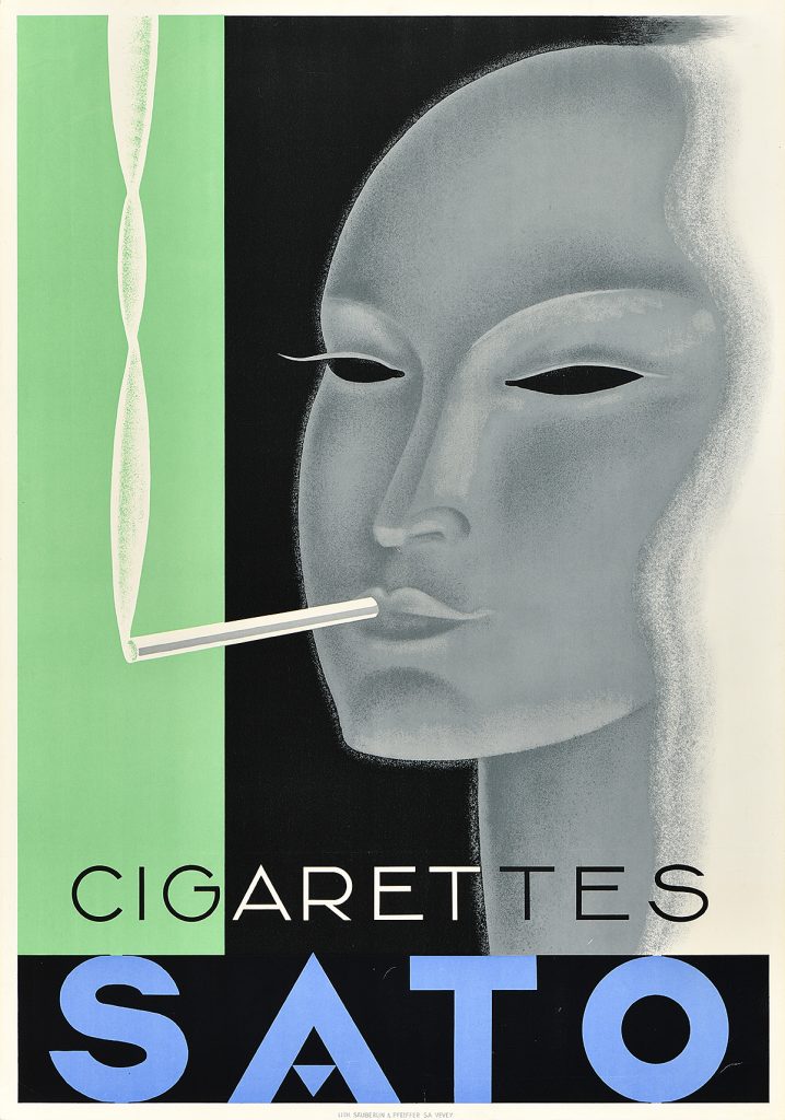 Lithographic poster of a minimal female face smoking a cigarette.