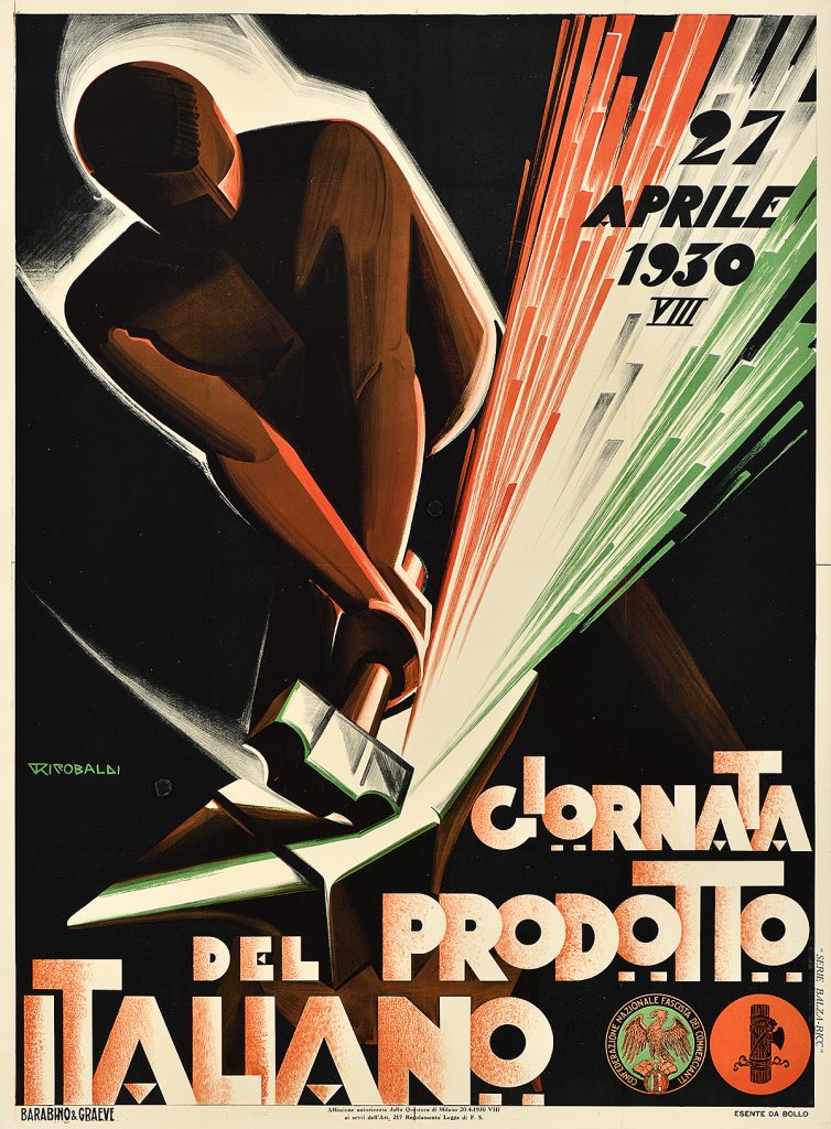Lithographic poster of a silhouette of a man smashing a hammer against an anvil with sparks flying.