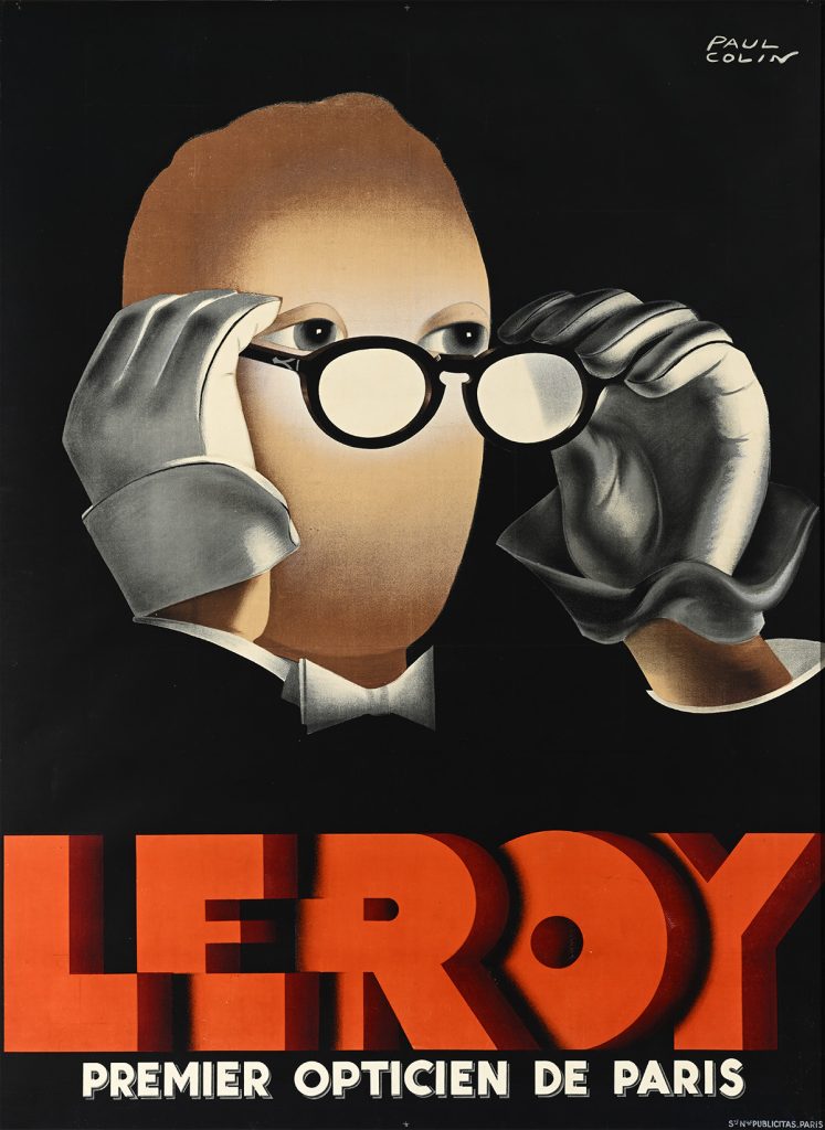 Poster of a faceless man wearing gloves, putting on glasses.