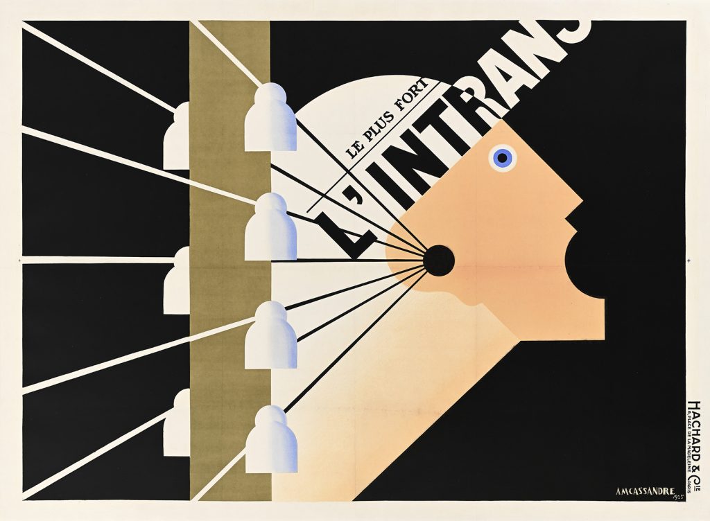 Poster of a screaming face surrounded by telephone wires.