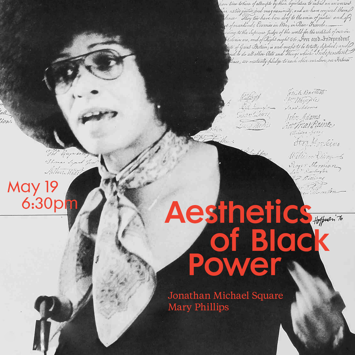 A digital image of Angela Davis in front of the Declaration of Independence detail event details in red text.