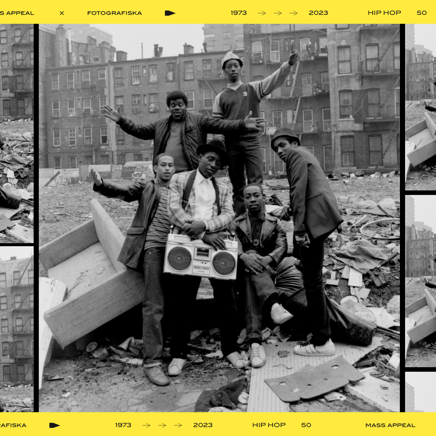 A series of black and white film images of a group of Black teens with a boombox