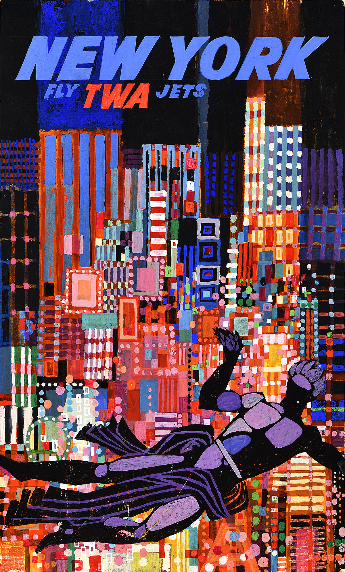 Painting of Times Square with a giant torso in front of it.