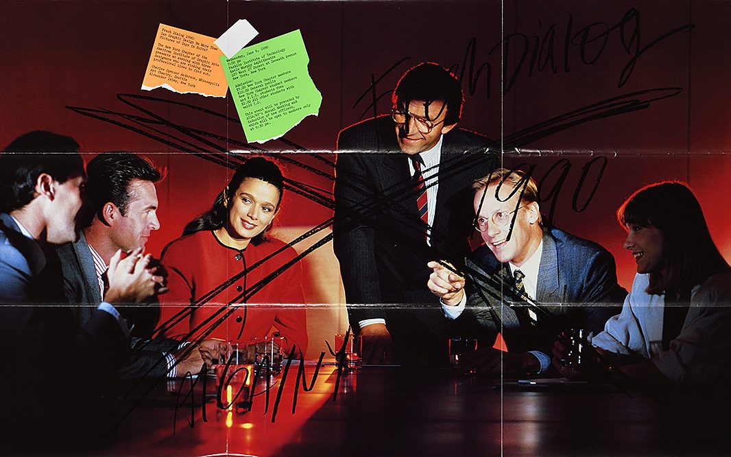 Photographic poster of 1990s business people in a board room.