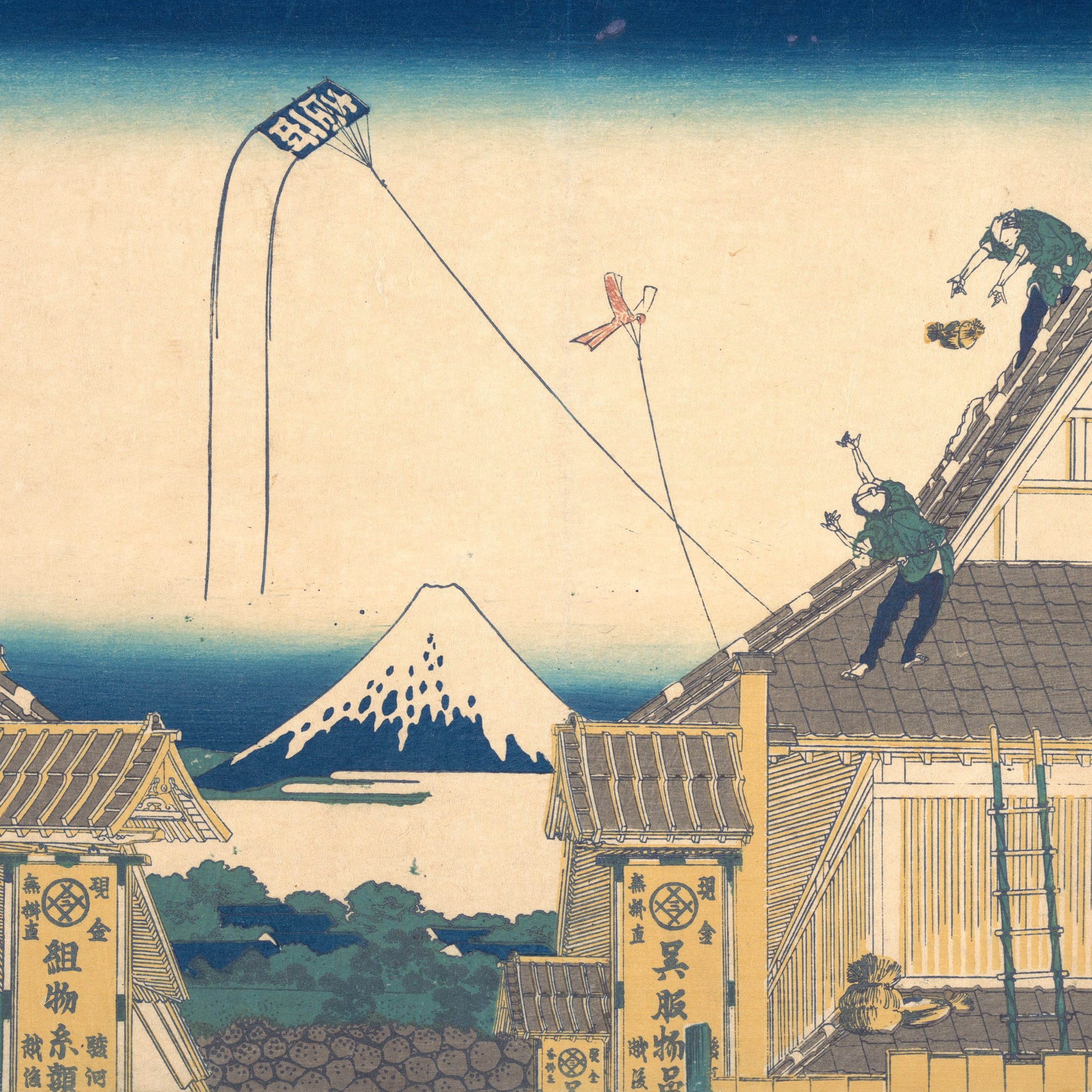 A woodblock print of two buildings side by side separated by a mountain in the gap.