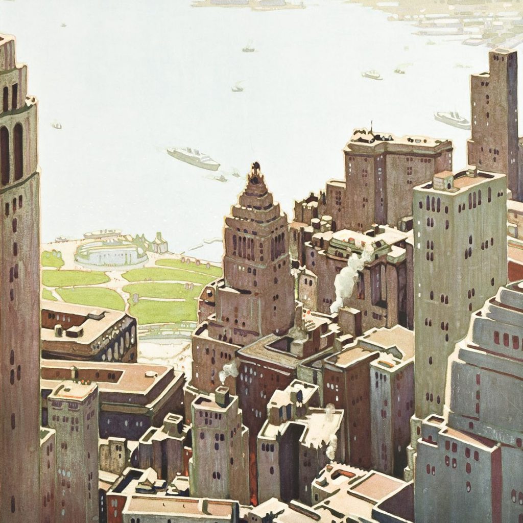 Poster image of an aerial view of lower manhattan with the battery in the foreground