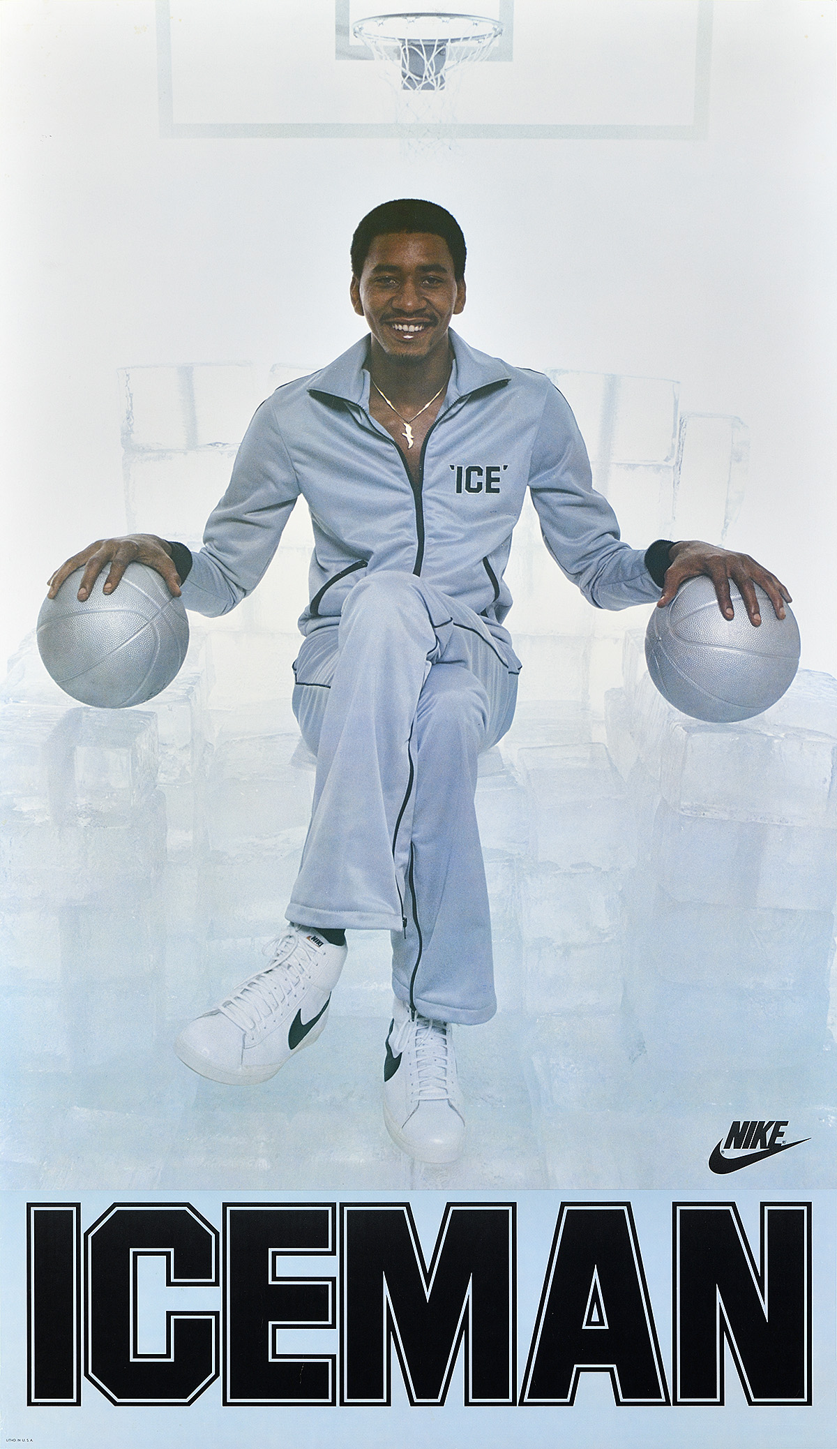 Poster of a man in a track suit holding two basketballs on an ice throne.