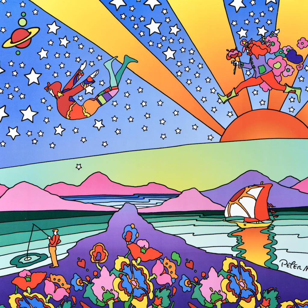 Figures dance around a colorful sunset above a purple mountain