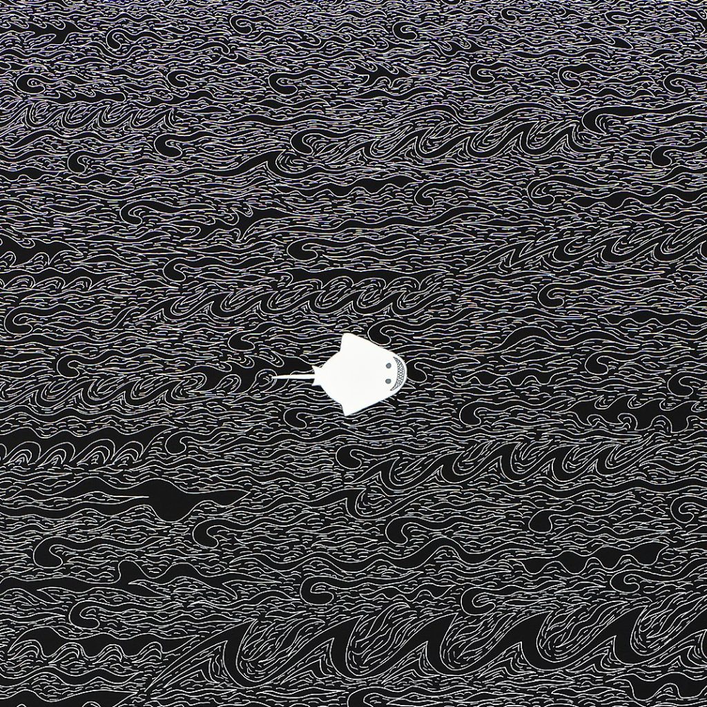 A stylized white stingray swims in a black sea