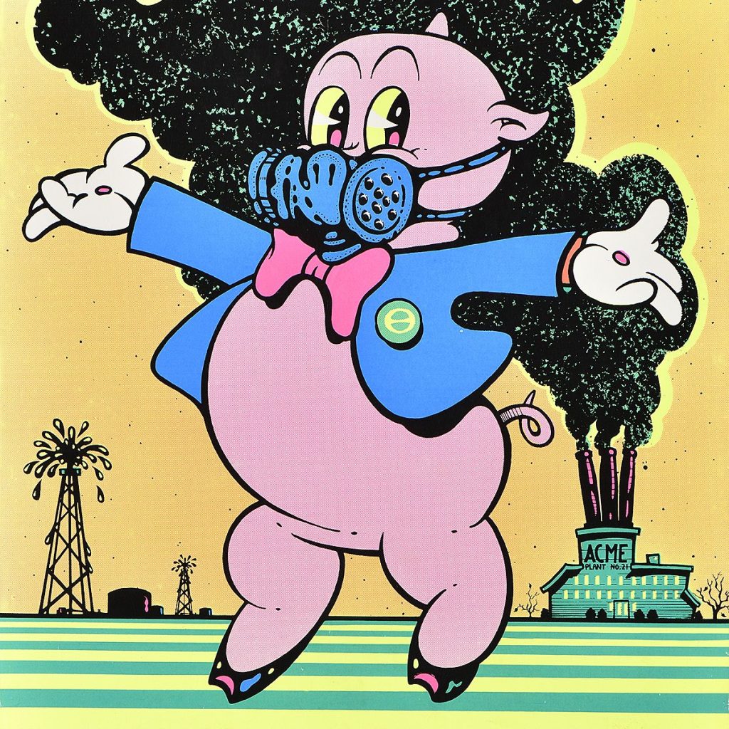 An image of porky pig with a gas mask and oil burning smokestack