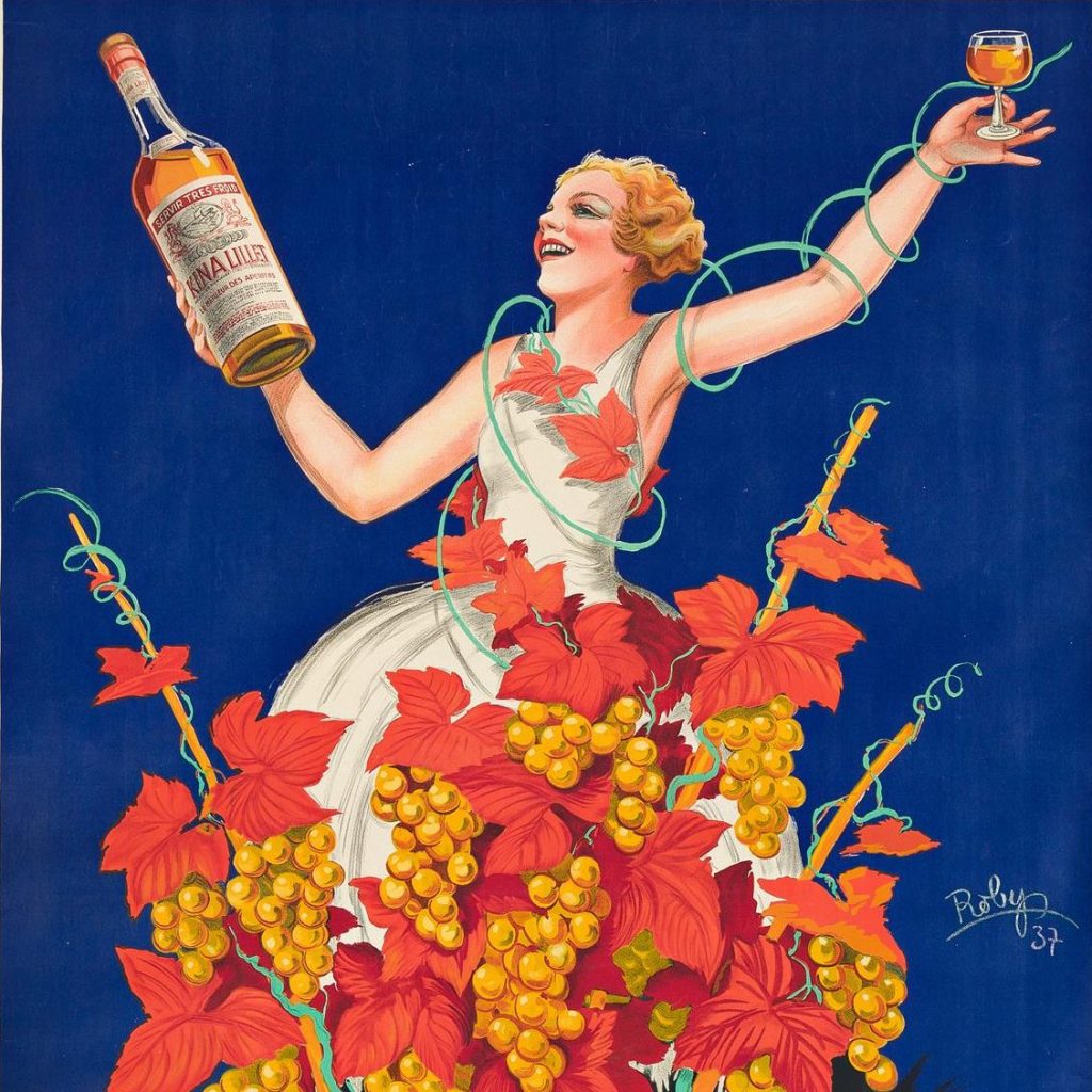 An illustrated poster featuring a woman holding a bottle of alcohol and a glass of wine with a jubilant expression emerging from a bouquet of yellow grapes with red leaves.