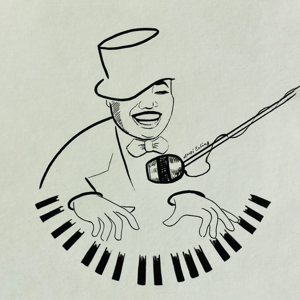 a line drawing in pen of Gladys Bentley performing at a piano with a microphone in their face.