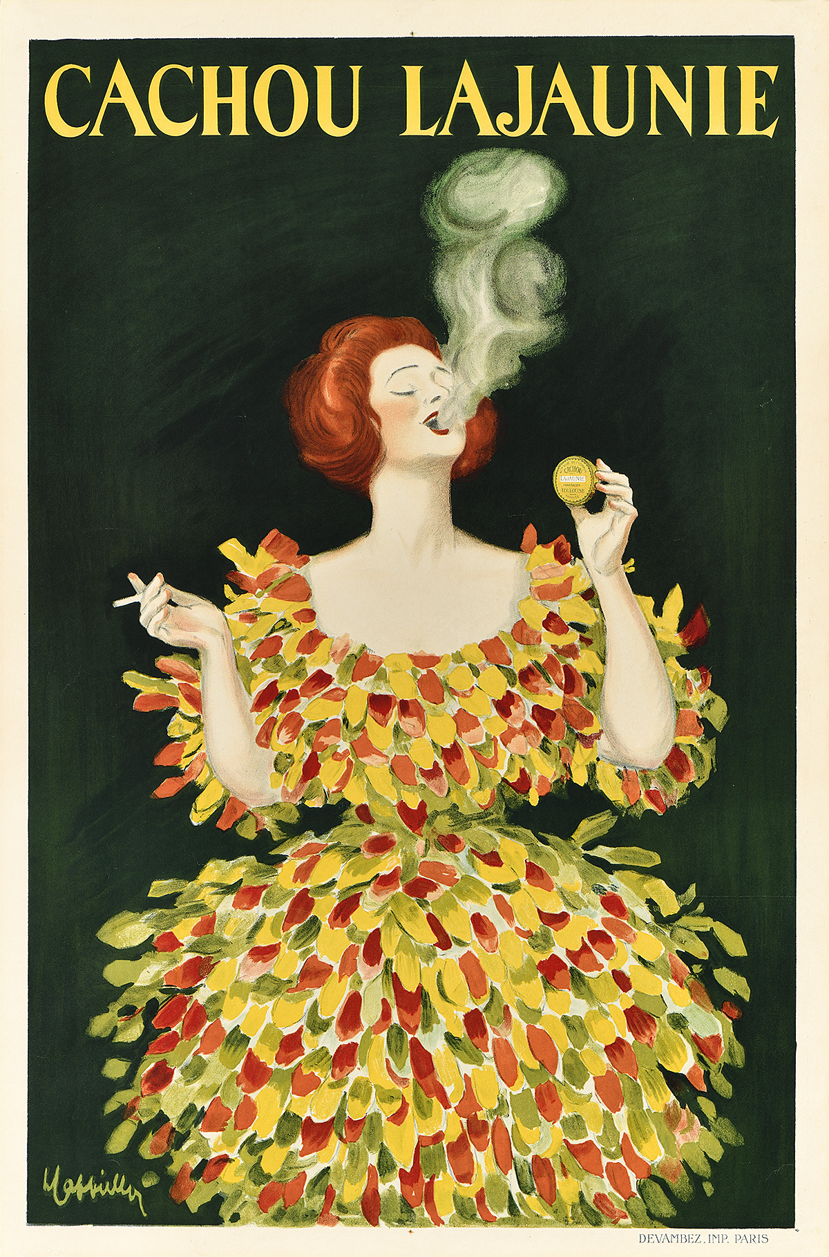 Poster of a woman in a feathered dress smoking and eating mints.