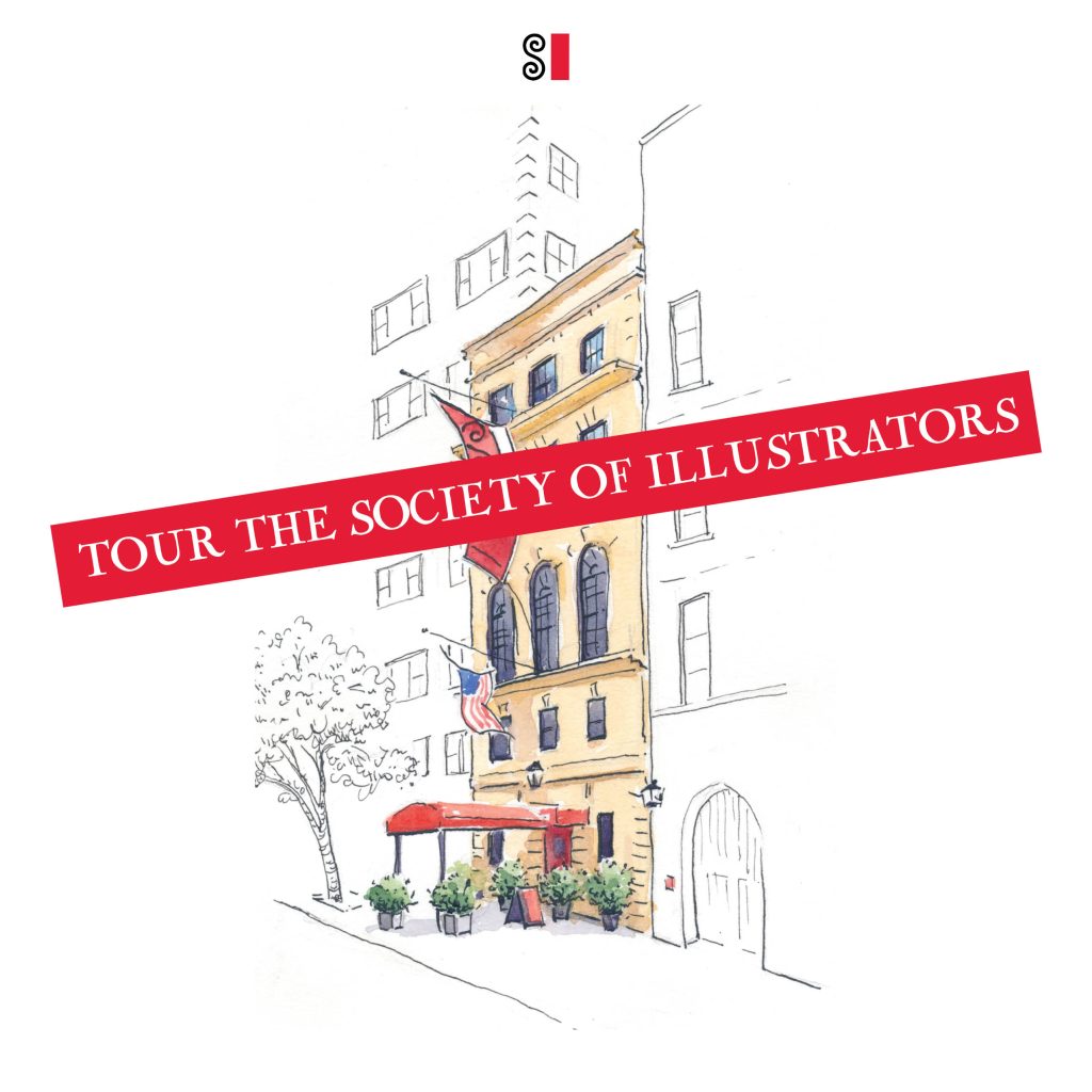 an illustrated image of the society of illustrators building, covered by a red banner that reads 