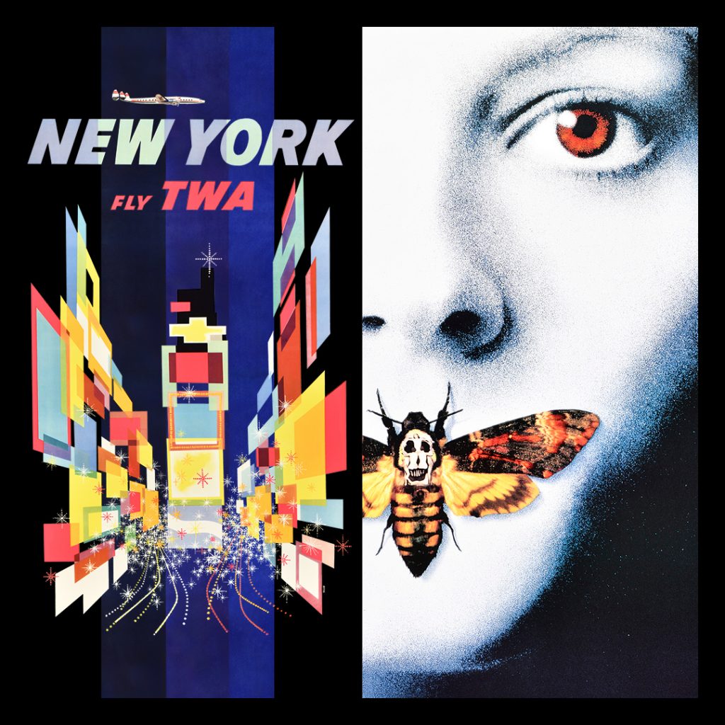 A composite image featuring a TWA poster on the left and a Silence of the Lambs movie poster on the right.