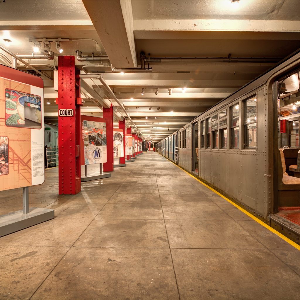 An interior shot of a Subway station platform