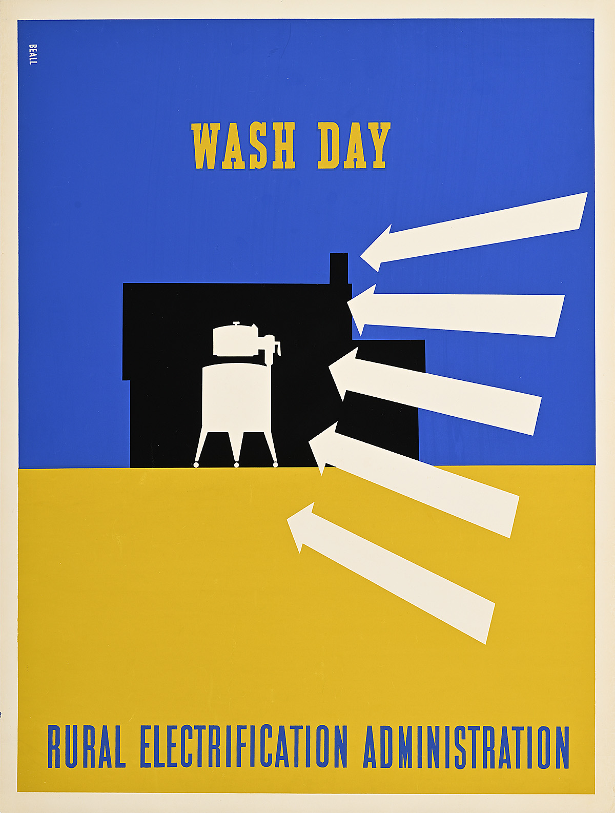 Poster of the silhouette of a washing machine with five arrows pointing to it.