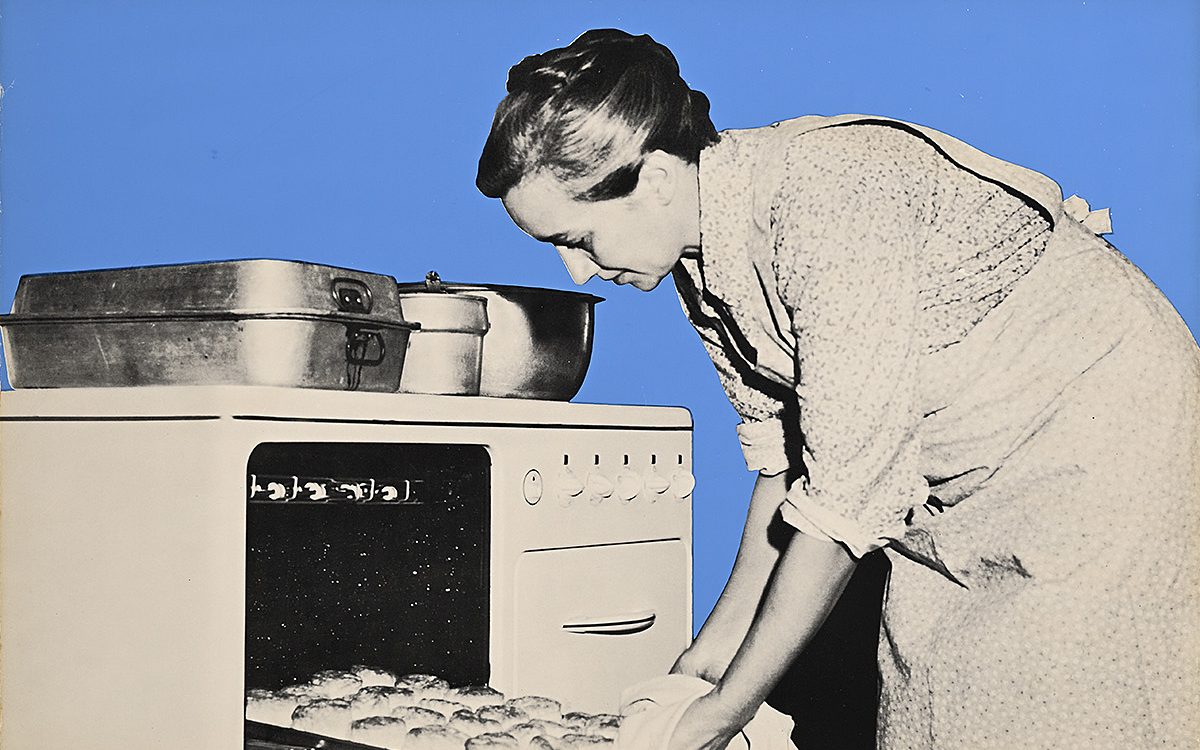 Poster of a woman opening an oven and baking.