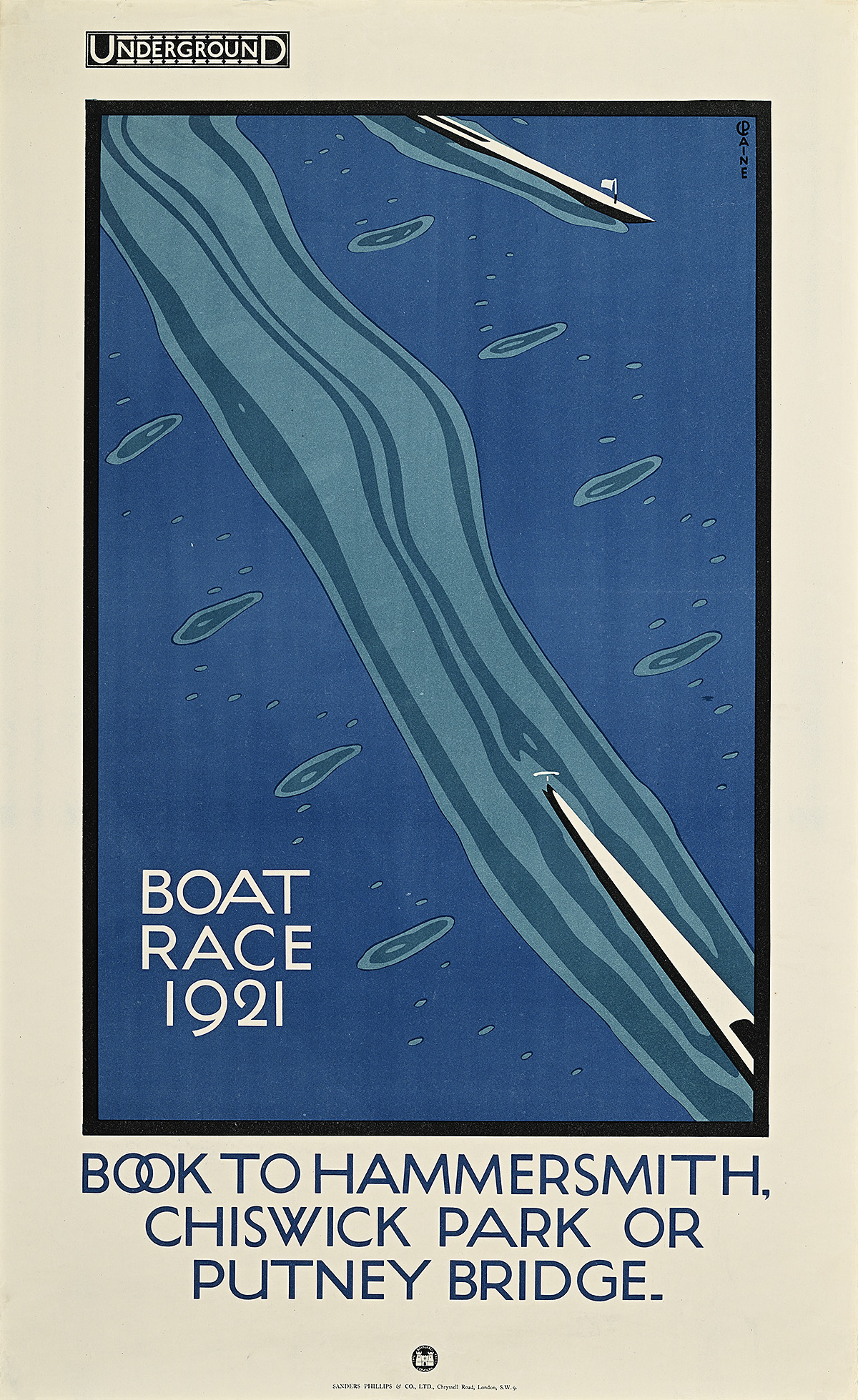 Poster of an overhead view of a body of water with a small trail from a boat skimming on the surface.
