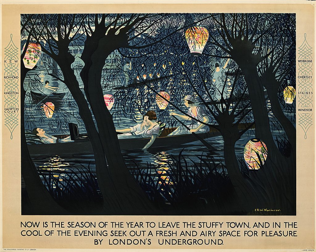 Poster of a nighttime view of a river full of gondolas and Chinese lanterns.