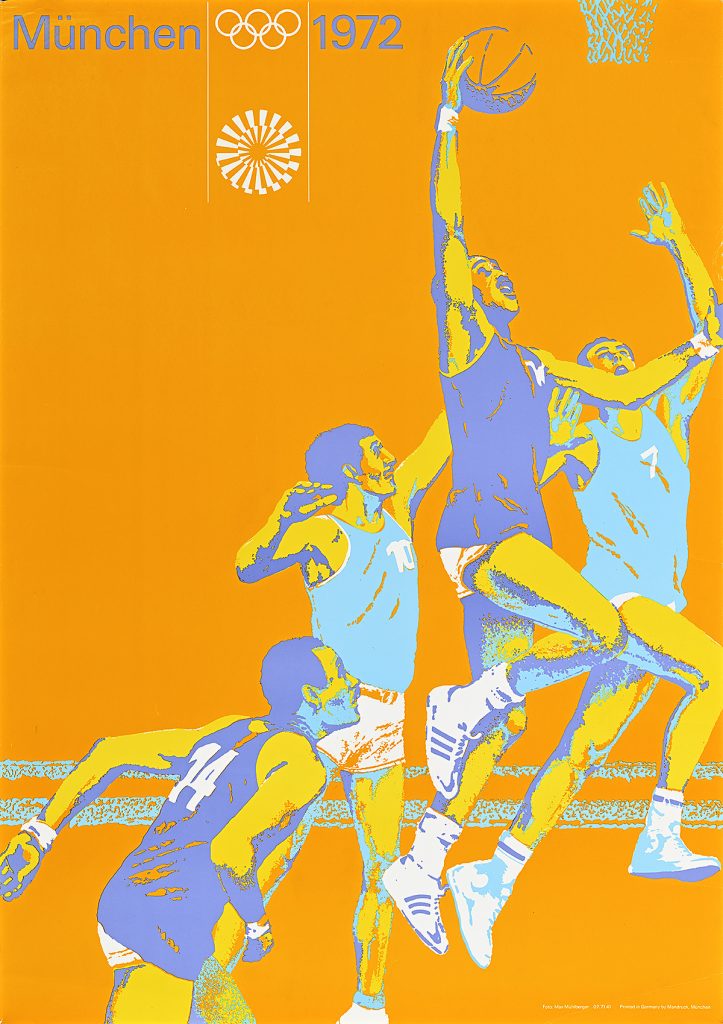 Poster of four figures playing basketball on an orange background.