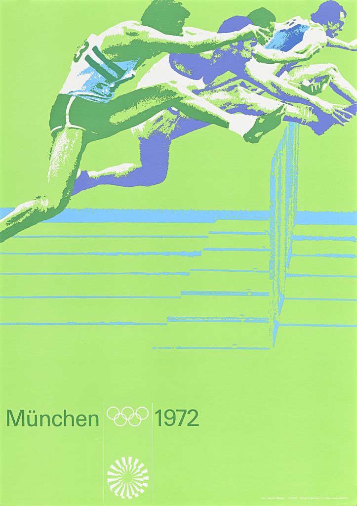 Poster of four sprinters jumping over hurdles against a green background.