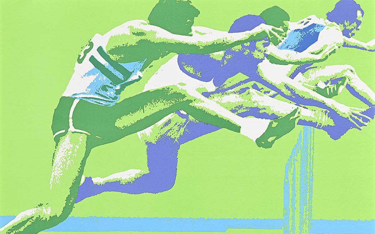 Poster of four sprinters jumping over hurdles against a green background.