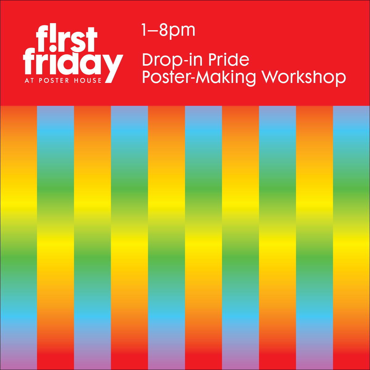 a graphic featuring an abstract rainbow with event information in white text.