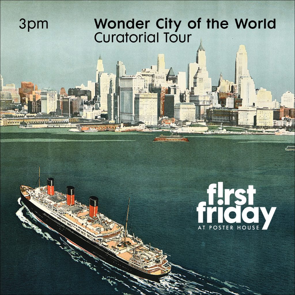 a cropped poster featuring a steamliner ship advancing towards the new york city skyline.