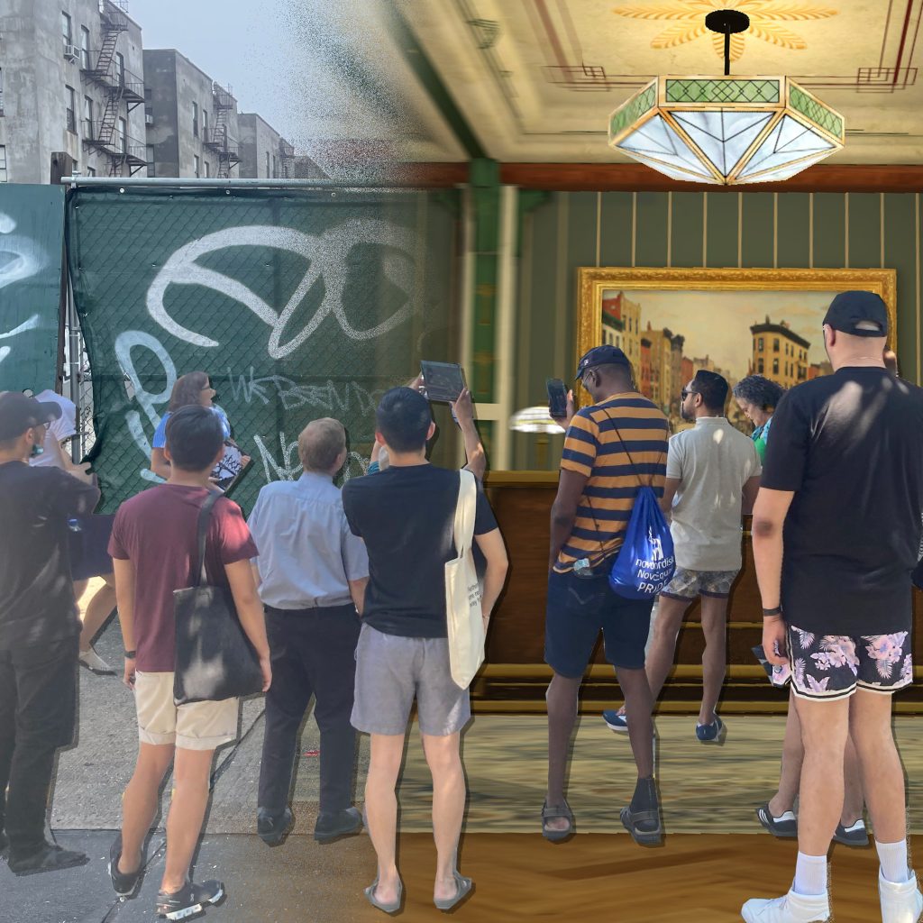 a collaged photograph showing people interacting with the built environment and an AR app.