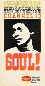 Poster of a black and white silhouette of a face surrounded by orange and yellow text.