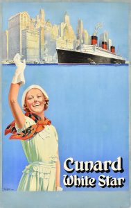 Poster of a woman in a dress waving at a passing cruise ship against a city skyline.