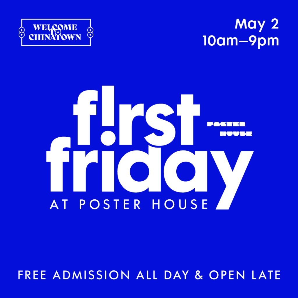 A blue square with white lettering detailing event information