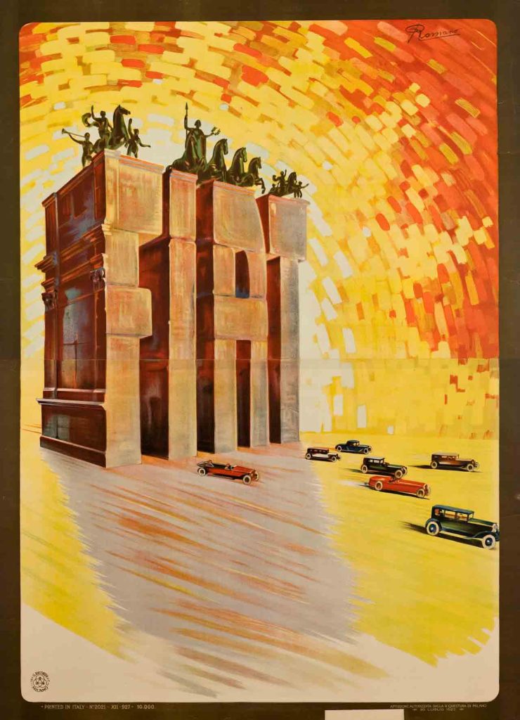 Poster of the name Fiat really big with small cars moving between the letters.