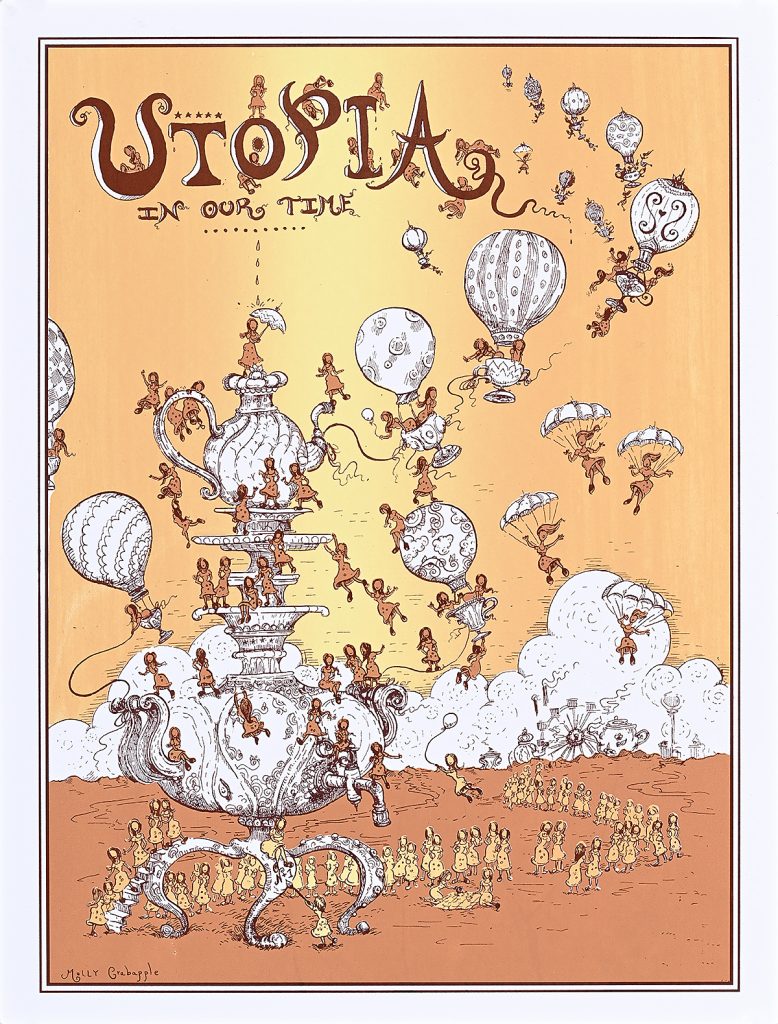 Poster of a fleet of hot air balloons in a whimsical setting.