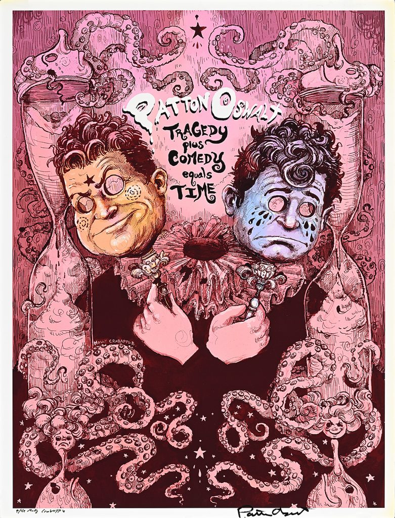 Poster of two faces of a famous male comedian in comedy and tragedy mode on a pink background.
