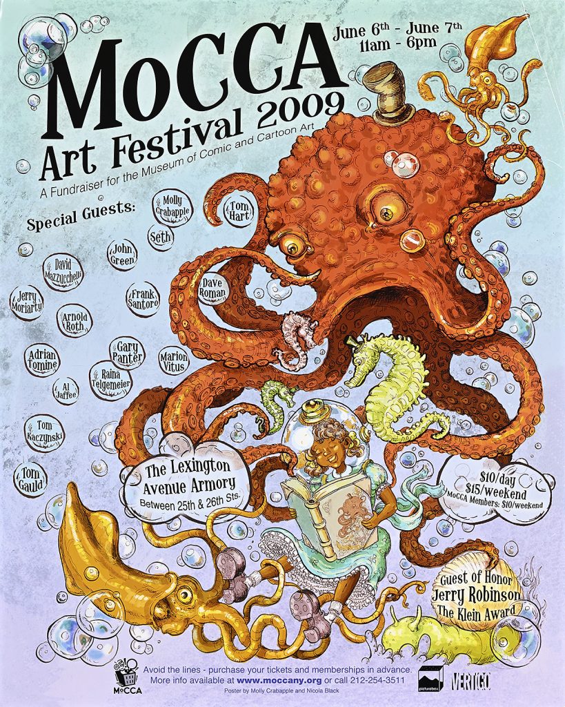 Poster of a giant octopus reading a book over a young girl's shoulder.