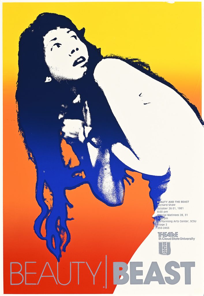 Poster of a woman with long hair cowering in front of a psychedelic background.