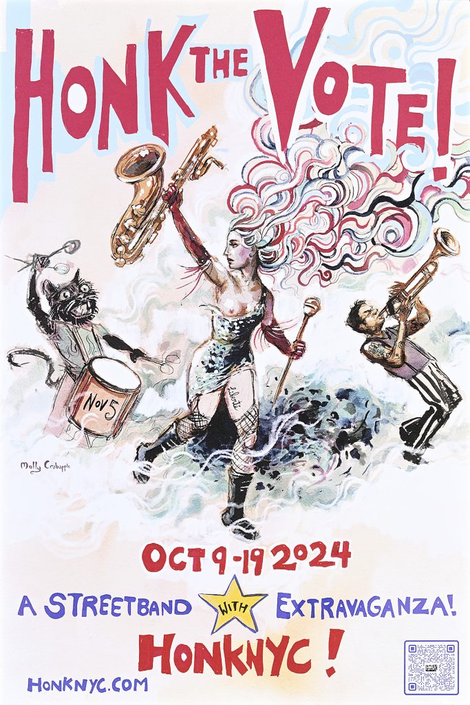 Poster of a bare breasted female saxaphonist leading a charge of musicians.