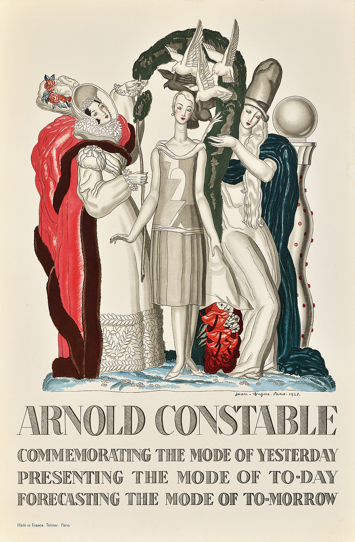 A poster of regal, mystical looking figures with birds flying overhead. The text reads Arnold Constable
