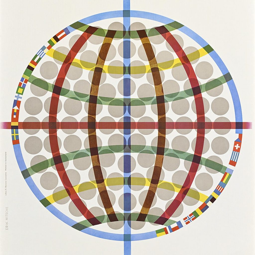 A poster image of a Globe with lines of longitude and latitude in multiple colors.