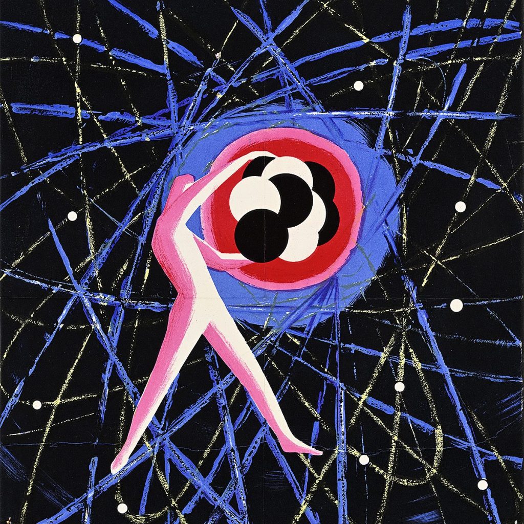 A stylized poster image of a man holding an atom