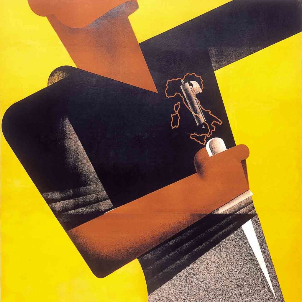 A poster image feature a man with a knife and an outline of Italy on his shirt