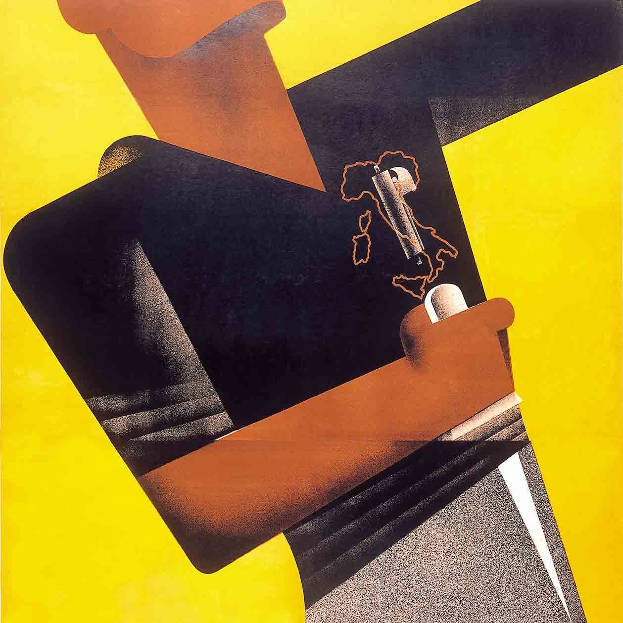A poster image feature a man with a knife and an outline of Italy on his shirt